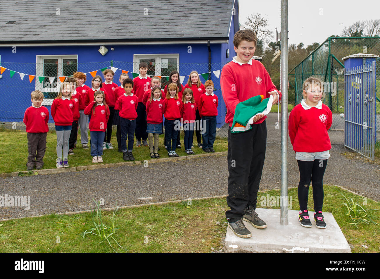Durrus, Ireland. 15th March, 2016. Pupils Stephen Dukelow and Anna Walker prepare to raise the Irish Tricolour whilst other pupils  look on at St James National School, Durrus, on Proclamation Day which was held to commemorate the events of 1916. Credit: Andy Gibson/Alamy Live News. Stock Photo