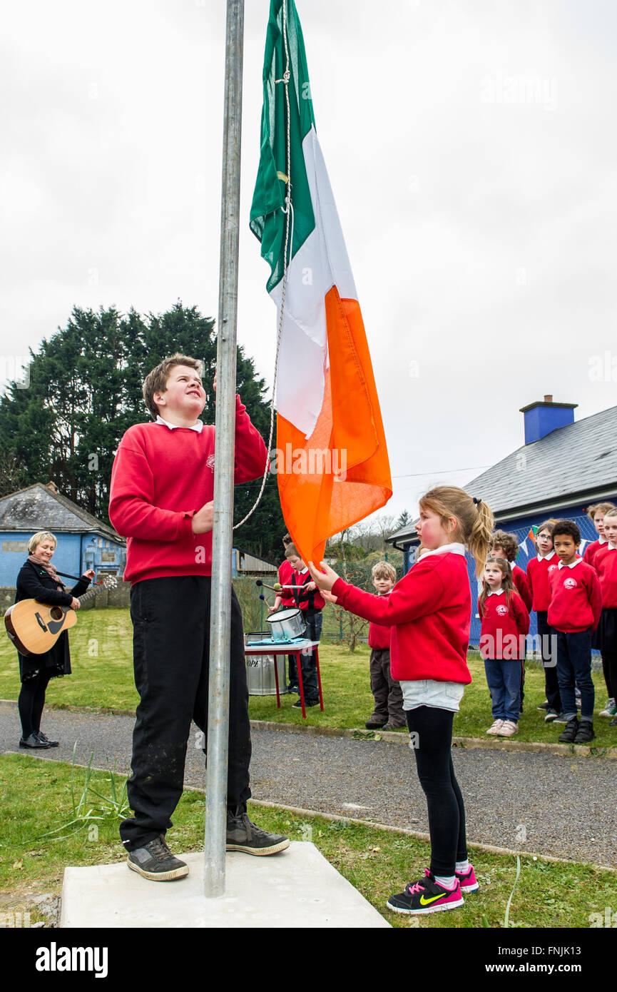 Durrus, Ireland. 15th March, 2016. Pupils Stephen Dukelow and Anna Walker raise the Irish Tricolour whilst other pupils  look on at St James National School, Durrus, on Proclamation Day which was held to commemorate the events of 1916. Credit: Andy Gibson/Alamy Live News. Stock Photo