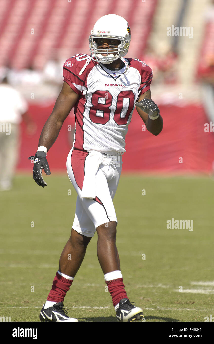 Arizona Cardinals receiver Bryant Johnson (80) is pulled down by San  Francisco 49ers Mike Adams (20) during the first quarter of NFL football  action Sunday, Sept. 10, 2006 at Cardinals Stadium in