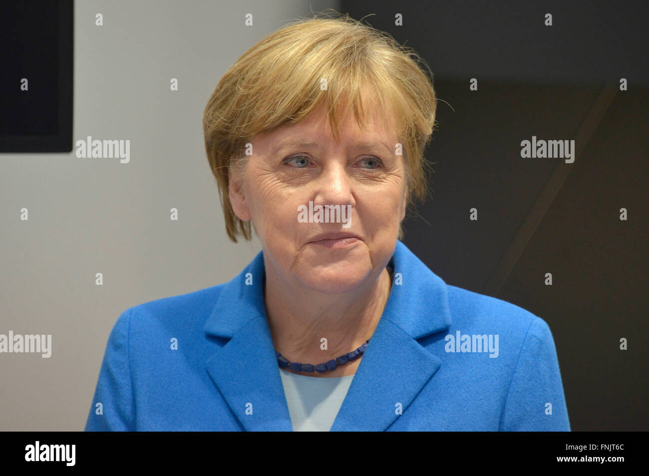 Hanover, Germany. 15th Mar, 2016. German Chancellor Angela Merkel (CDU) at the CeBIT fair in Hanover, Germany, 15 March 2016. Switzerland is the partner country of this year's CeBIT, which runs until 18 March 2016. Credit:  dpa/Alamy Live News Stock Photo