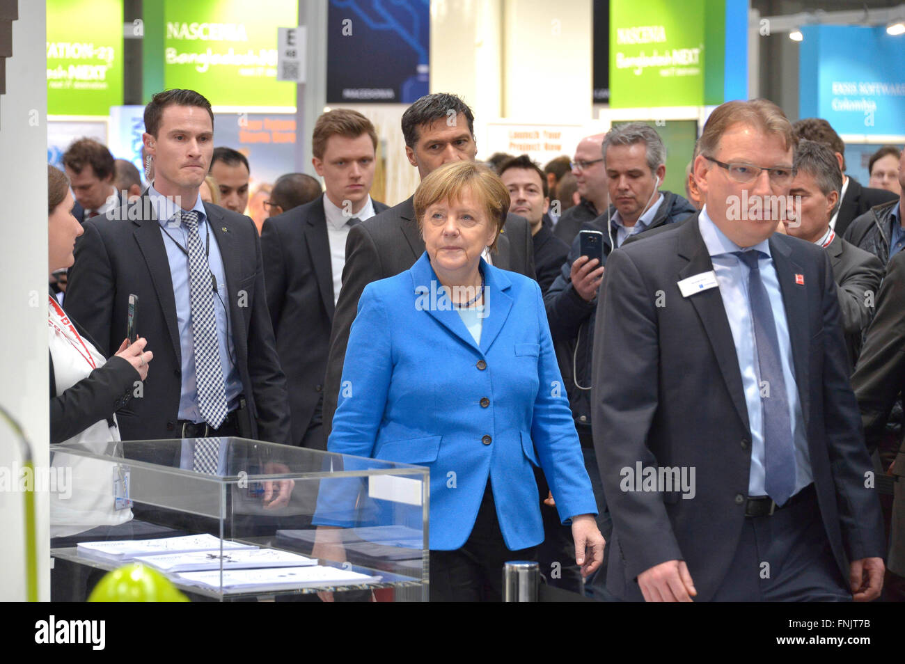 Hanover, Germany. 15th Mar, 2016. German Chancellor Angela Merkel (CDU) at the CeBIT fair in Hanover, Germany, 15 March 2016. Switzerland is the partner country of this year's CeBIT, which runs until 18 March 2016. Credit:  dpa/Alamy Live News Stock Photo