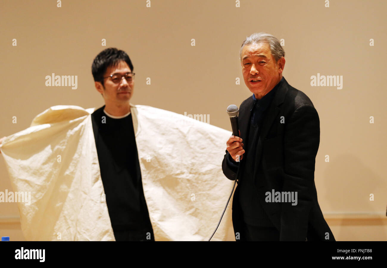 Tokyo, Japan. 15th Mar, 2016. Japanese fashion designer Issey Miyake speaks before press prior to his exhibition 'The Work of Miyake Issey' at the National Art Center in Tokyo on Tuesday, March 15, 2016. Over 100 creations of Issey Miyake are exhibited at the museum from March 16 through June 13. © Yoshio Tsunoda/AFLO/Alamy Live News Stock Photo