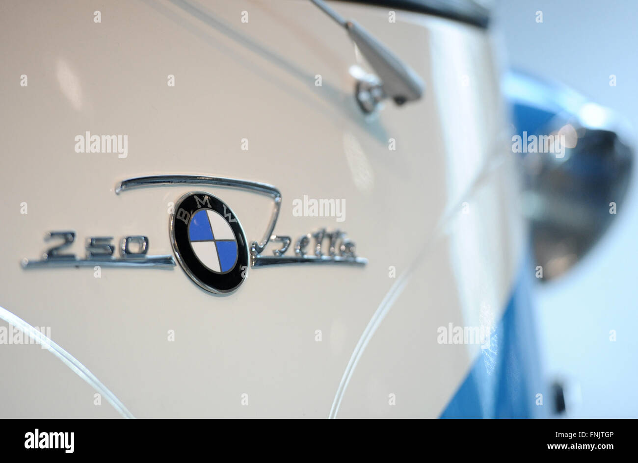 Munich, Germany. 16th Mar, 2016. The BMW Group logo pictured on an Isetta at the financial statement press conference of the German car manufacturer at BMW World in Munich, Germany, 16 March 2016. Photo: ANDREAS GEBERT/dpa/Alamy Live News Stock Photo