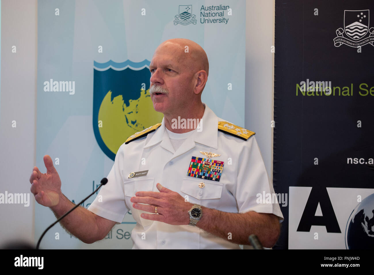 Canberra, Australia. 16th Mar, 2016. U.S. Pacific Fleet Commander Scott Swift delivers a speech at the Indo-Pacific Maritime Security Conference hosted by the Australia National University's National Security College in Canberra, Australia, March 16, 2016. © Justin Qian/Xinhua/Alamy Live News Stock Photo