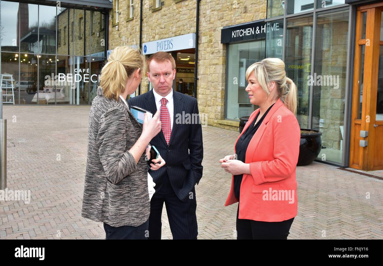 Dungannon, UK. 16th Mar, 2016. Michelle O'Neill Minister of Agriculture and Rural Development visits the Linen Green in Dungannon with Centre Manager Fionnuala McEldowney and CEO of the  Rivers Agency David Porter to view the clear up work and reopened stores after floods in December. Credit:  Mark Winter/Alamy Live News Stock Photo