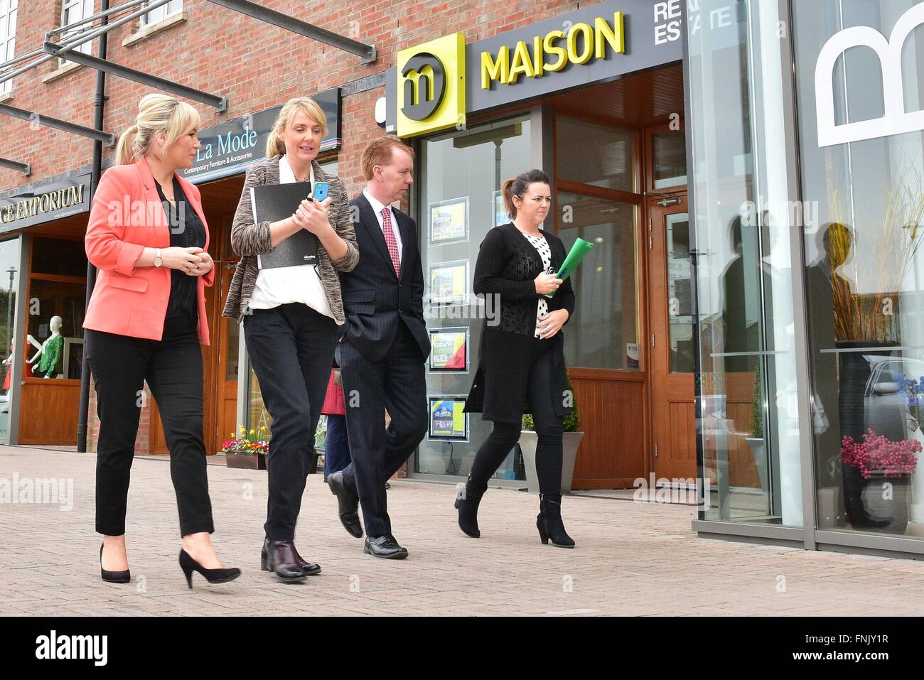 Dungannon, UK. 16th Mar, 2016. Michelle O'Neill Minister of Agriculture and Rural Development visits the Linen Green in Dungannon with Centre Manager Fionnuala McEldowney and CEO of the  Rivers Agency David Porter to view the clear up work and reopened stores after floods in December. Credit:  Mark Winter/Alamy Live News Stock Photo