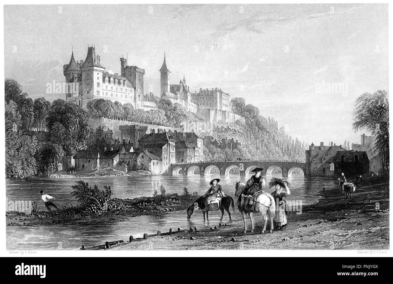 An engraving of the Chateau and Bridge of Pau scanned at high resolution from a book printed in 1876. Believed copyright free. Stock Photo