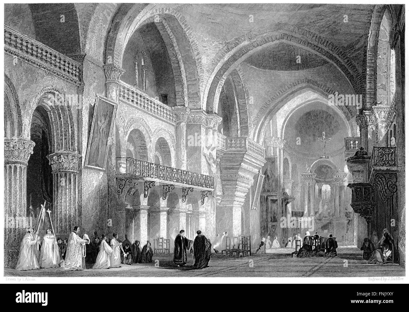 An engraving of The Cathedral, Angouleme scanned at high resolution from a book printed in 1876. Believed copyright free. Stock Photo