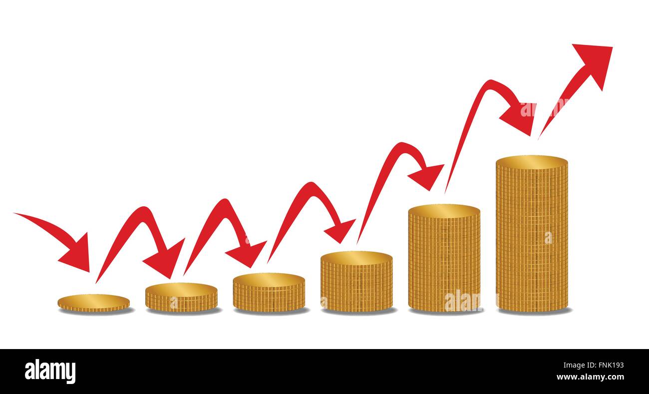Piles of coins increasing in size with arrows indicating inflation or rising success financially Stock Vector