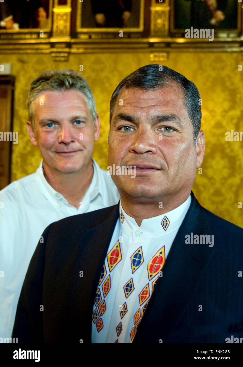 President Rafael Correa at the Presidential Palace in Quito with  director John Feist during filming of Ecuador: The Royal Tour. Stock Photo