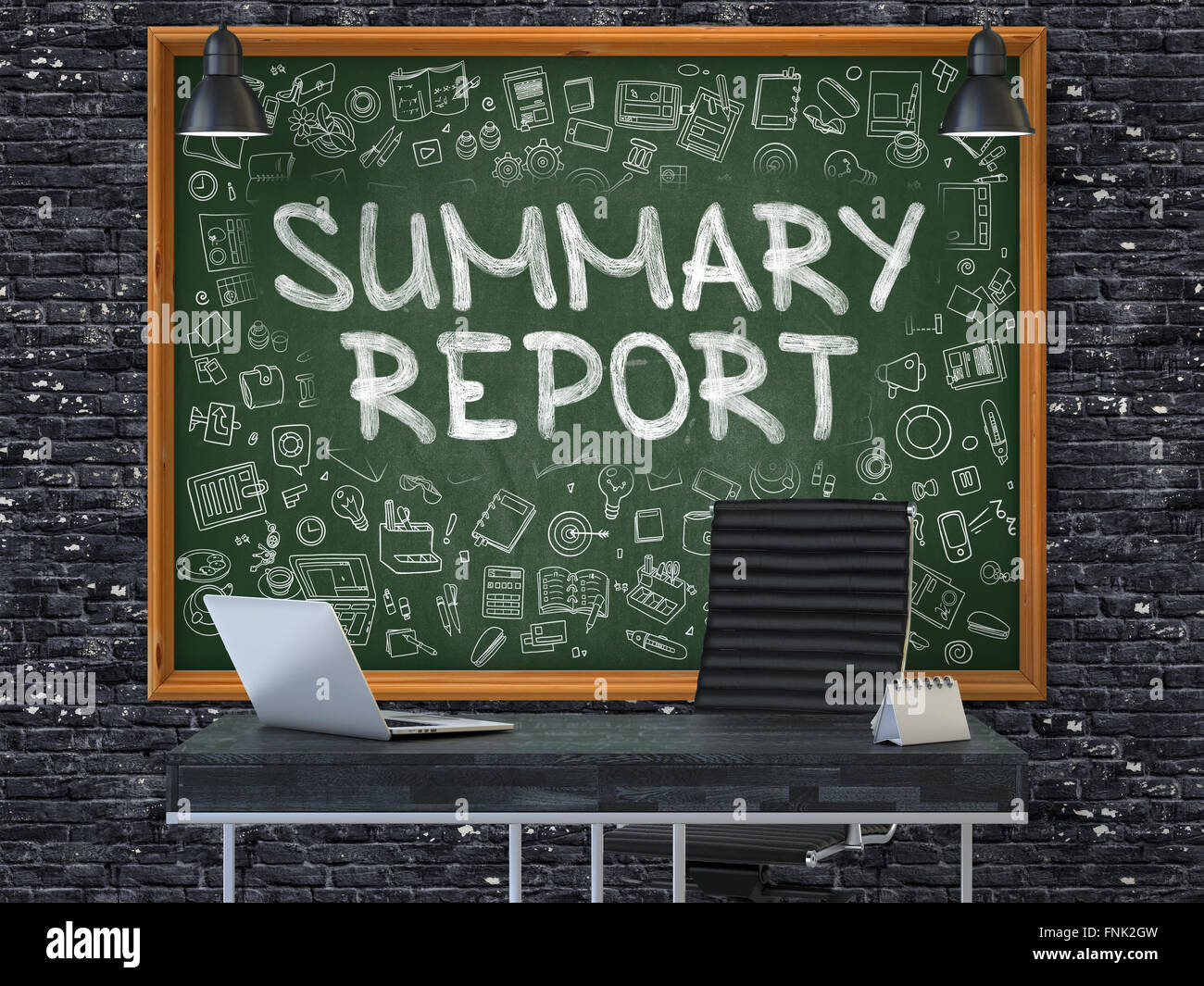 Summary Report on Chalkboard with Doodle Icons. Stock Photo