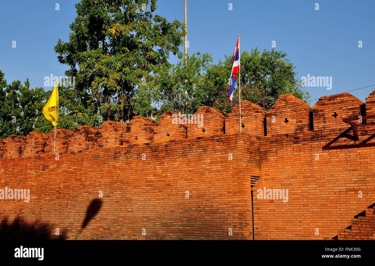 Chiang Mai, Thailand:  The Tha Phae Gate City Walls with ramparts and crenelations Stock Photo