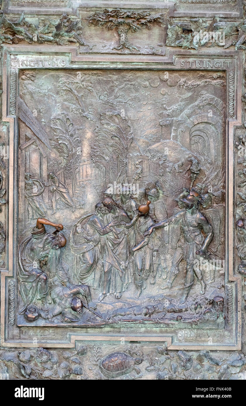 Judas' betrayal, artwork from the school of Giambologna, Cathedral St. Mary of the Assumption in Pisa, Italy Stock Photo
