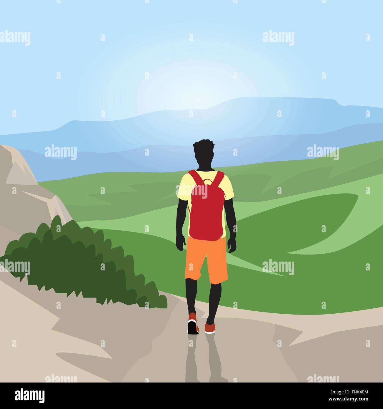 Traveler Man Silhouette Hiking Mountain Top Valley Rear View Stock Vector