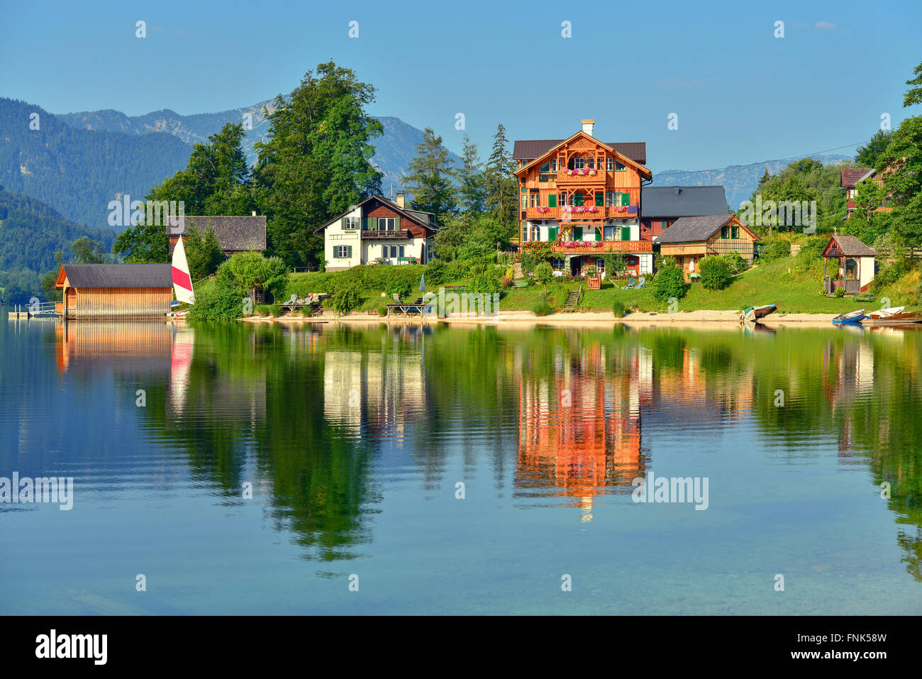 Sunny summer morning on the Grundlsee, Alps, Austria, Europe. Stock Photo