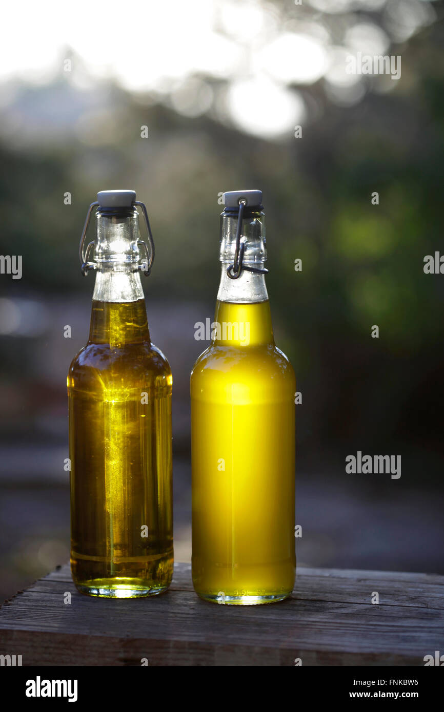 Artisanal spanish olive oil bottles. Stock Photo