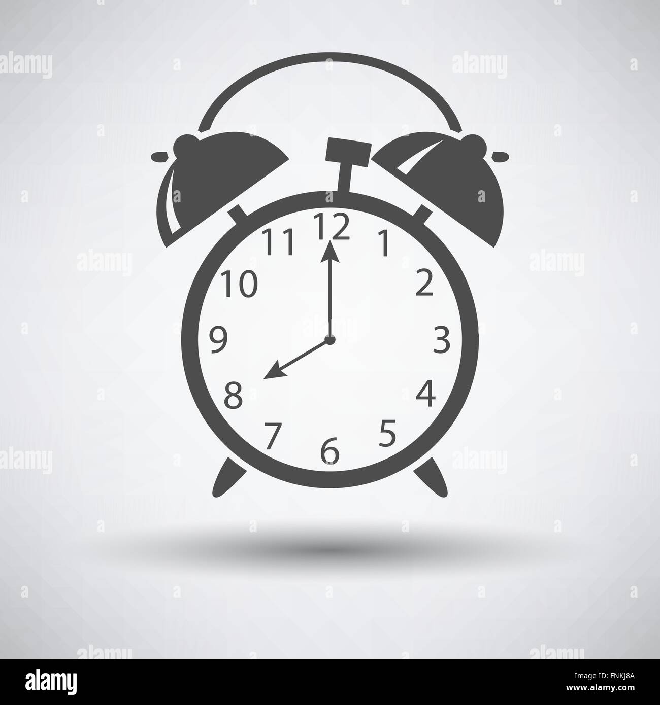 Alarm clock icon on gray background with round shadow. Vector