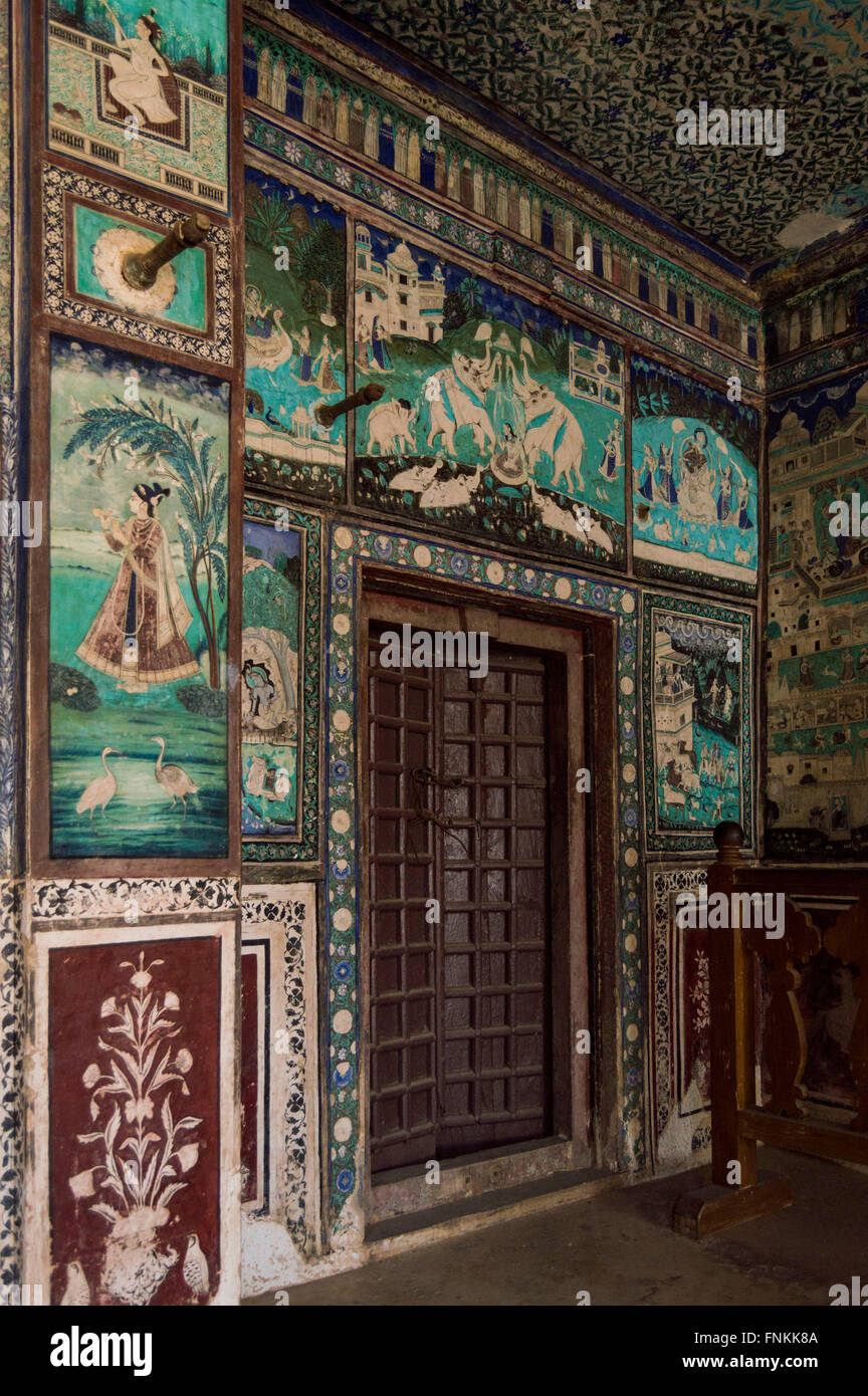 Painting on the wall of Chitrashala at Bundi, Rajasthan, India Stock