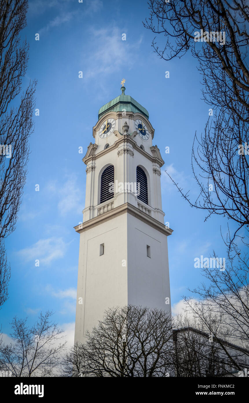 A German Church With Clock Tower Stock Photo Alamy