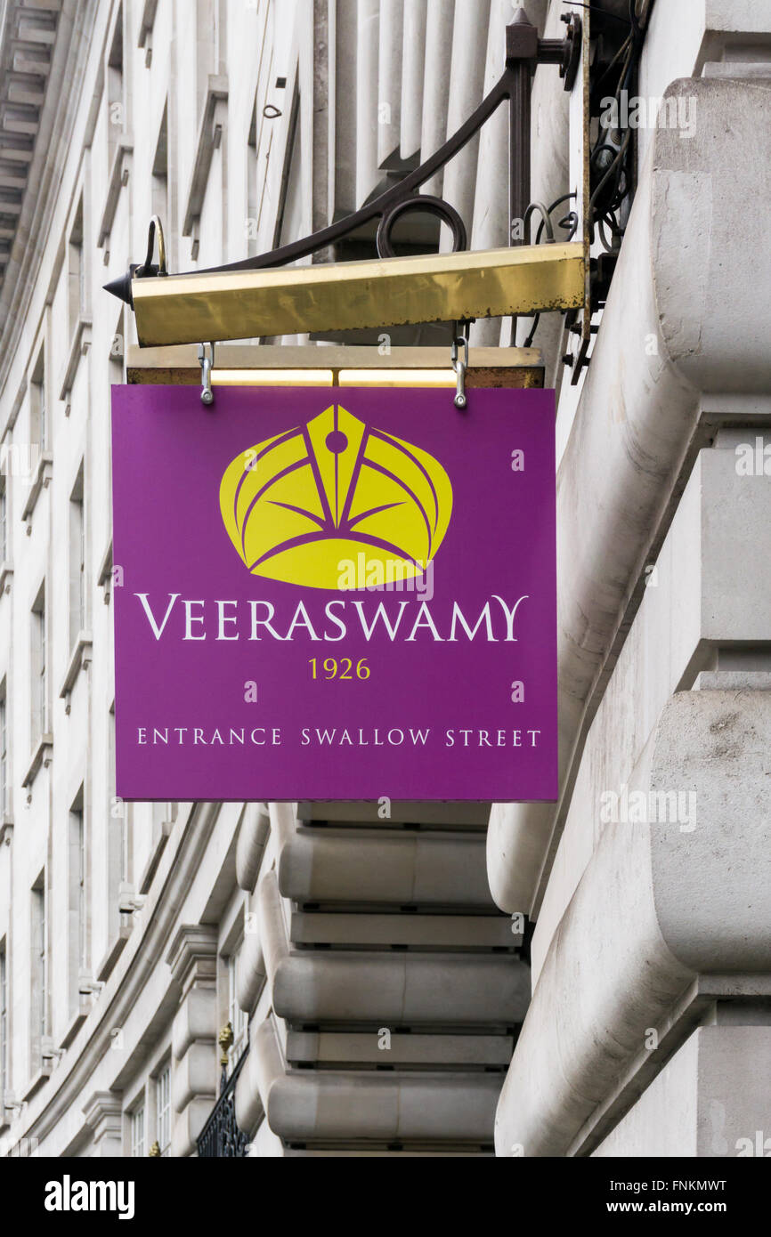 Sign on the Veeraswamy Indian restaurant in Regent Street, London.  The oldest surviving Indian restaurant in the UK. Stock Photo
