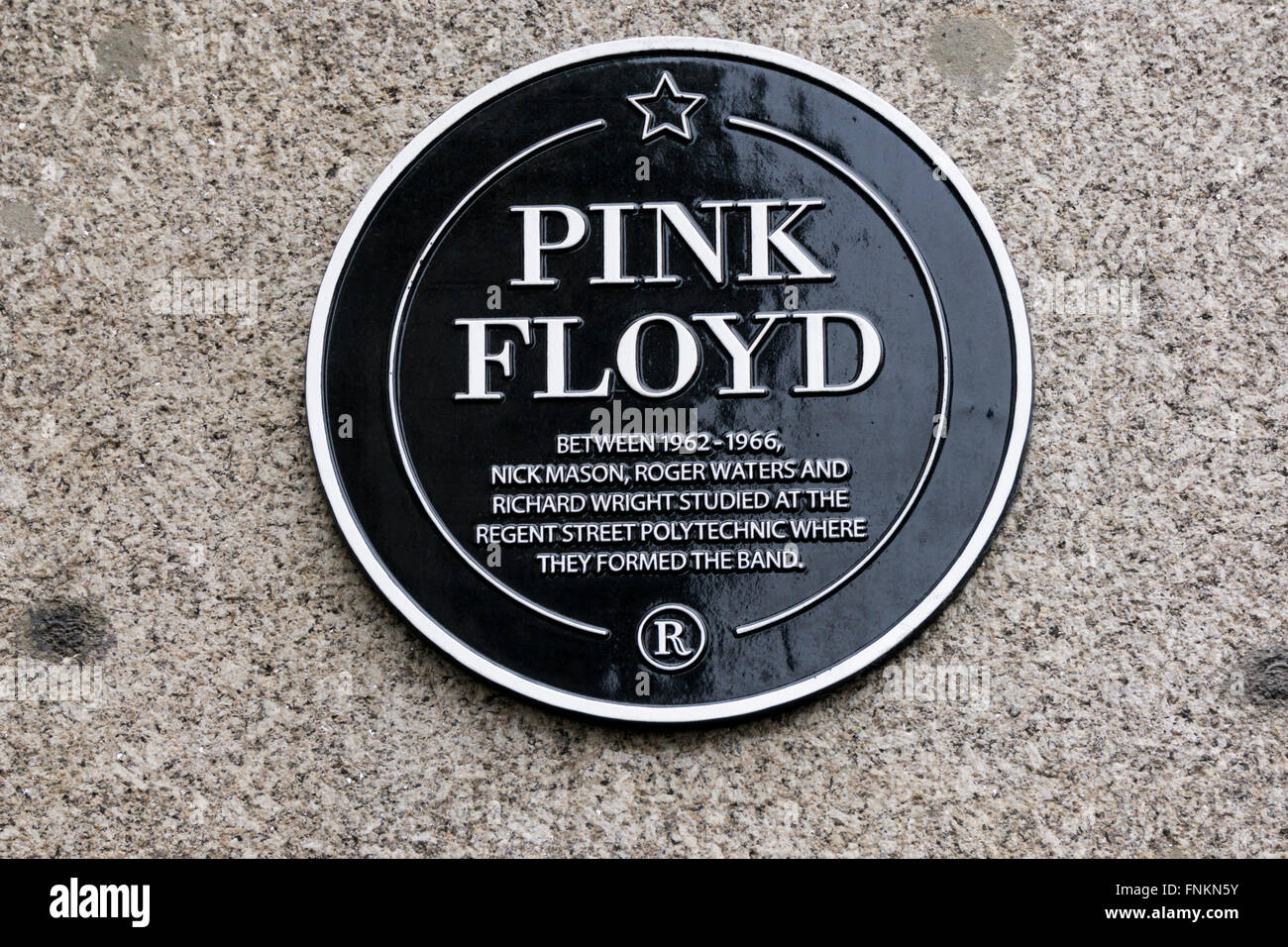Plaque commemorating the formation of Pink Floyd by Nick Mason, Roger Waters and Richard Wright at Regent Street Poly in 1960s. Stock Photo