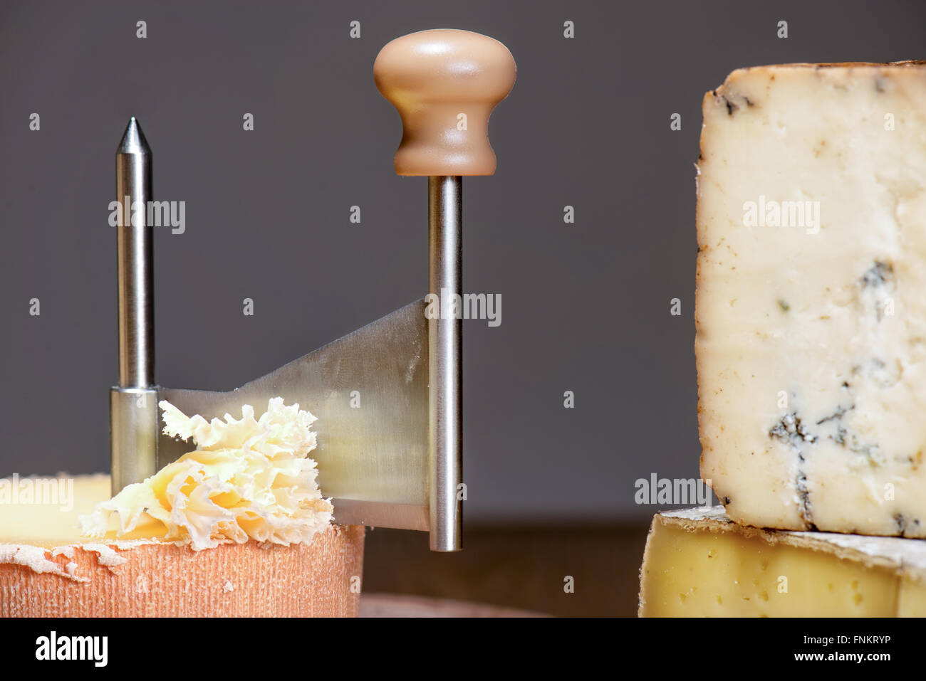 italian cilento cheese with manual machine for cutting on wood table Stock Photo