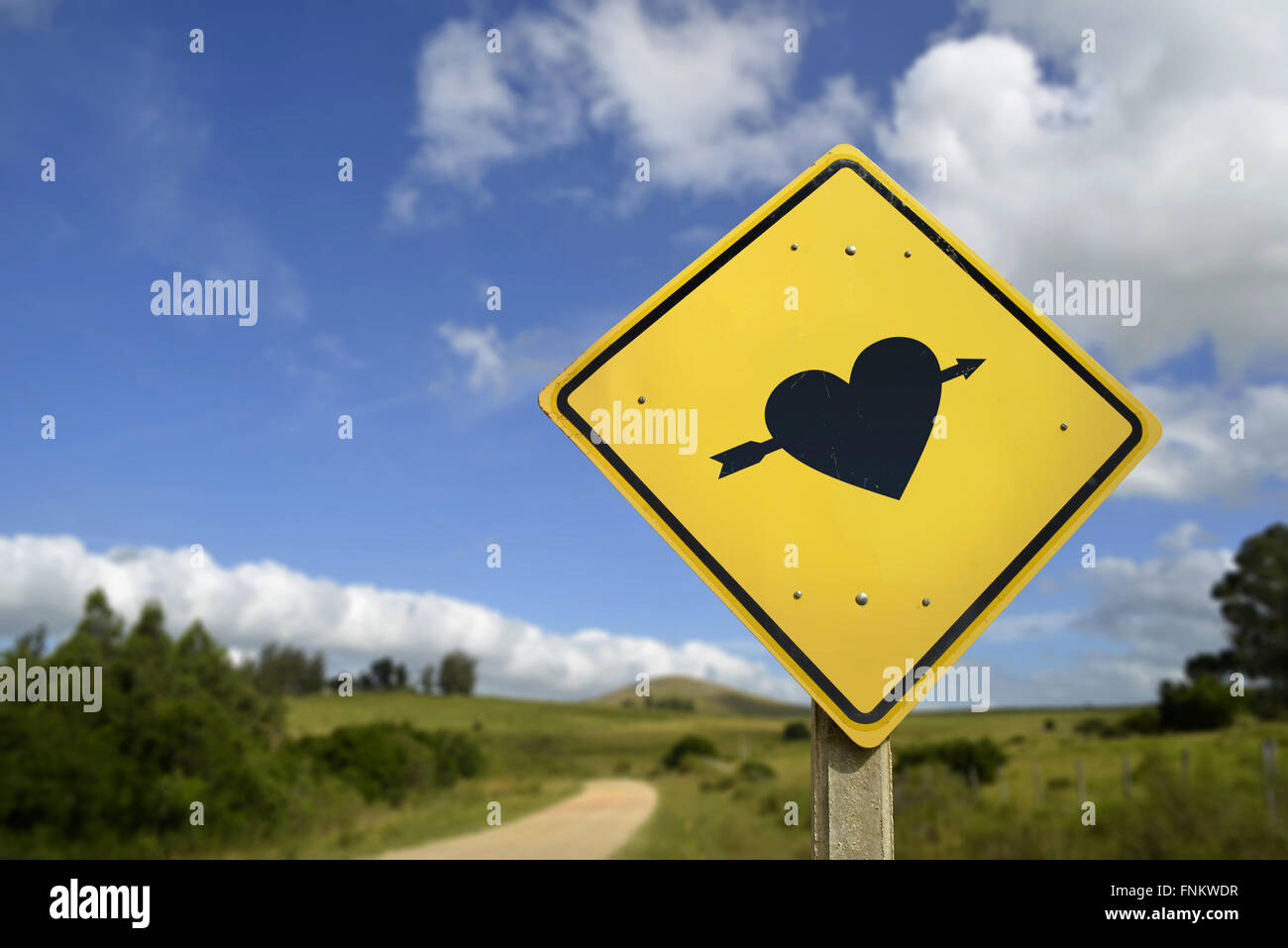 Find your soulmate this way, love journey concept. Road sign with heart shape and arrow icon in countryside landscape, includes Stock Photo