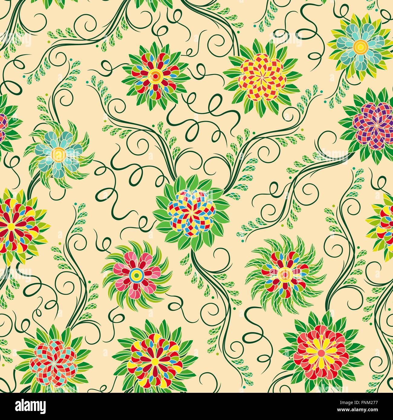 Seamless vector colourful pattern with beautiful flowers on the beige ...