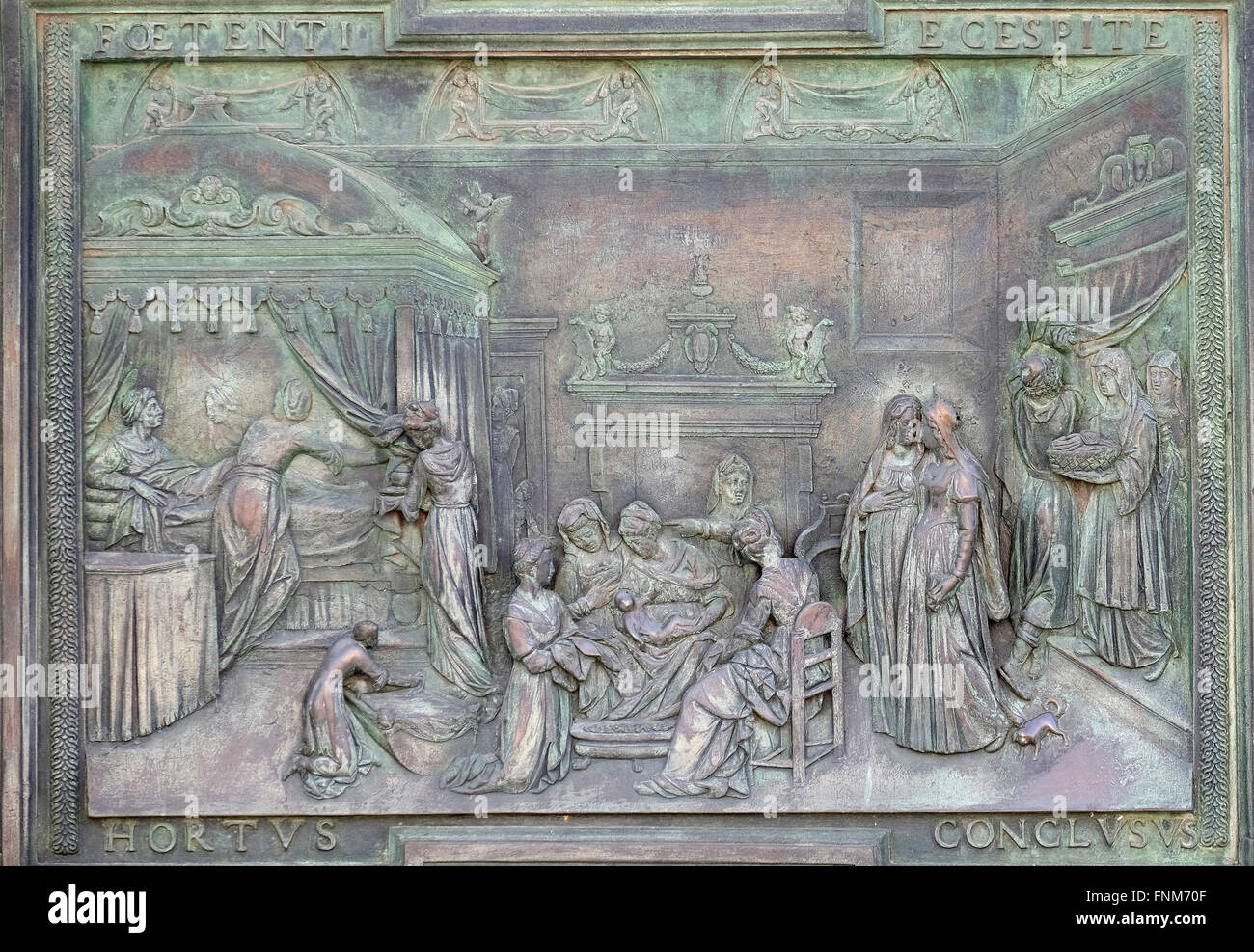 Nativity of the Virgin, Cathedral St. Mary of the Assumption, artwork from the school of Giambologna in Pisa, Italy Stock Photo
