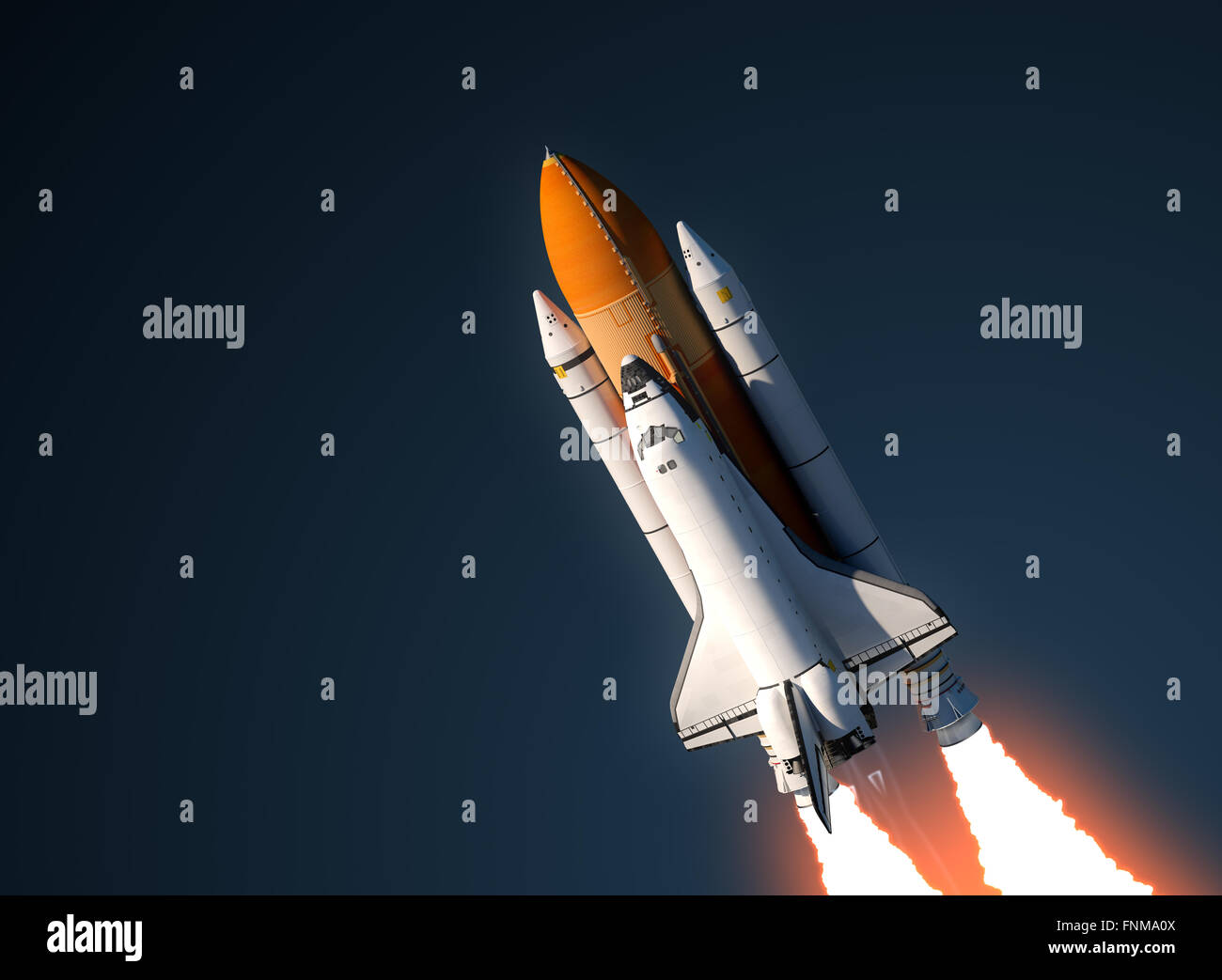 Space Shuttle Launch In Sky. 3D Scene. Stock Photo