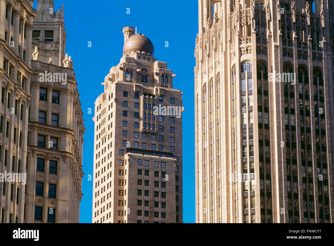 Historic Skyscrapers (Hotel Inter-Continental, Fisher Building, Tribune Tower) In Chicago, Illinois, Usa Stock Photo