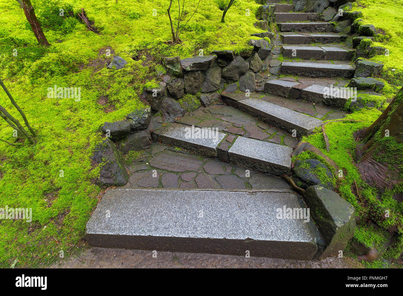 Granite Stone Steps with green moss covered landscape at Japanese Garden during Spring Season Stock Photo