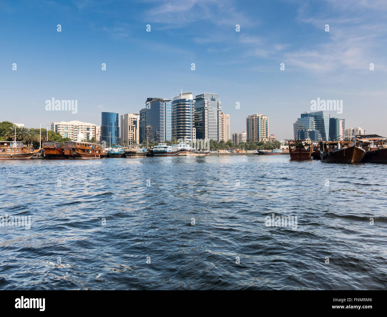 View of Deira Dhow Wharfage in Rigga Al Buteen from the Creek in Dubai, United Arab Emirates Stock Photo