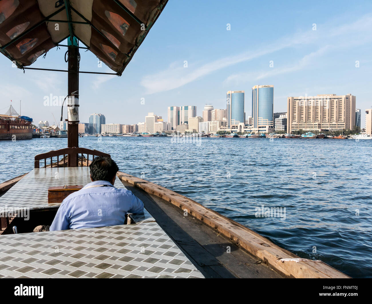 View from abra water taxi on The Creek to Central Business District Rigga Al Buteen in Dubai, United Arab Emirates Stock Photo