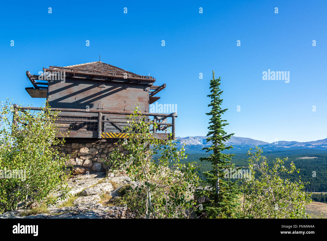 Old building used as a fire lookout at High Park Lookout in Wyoming Stock Photo