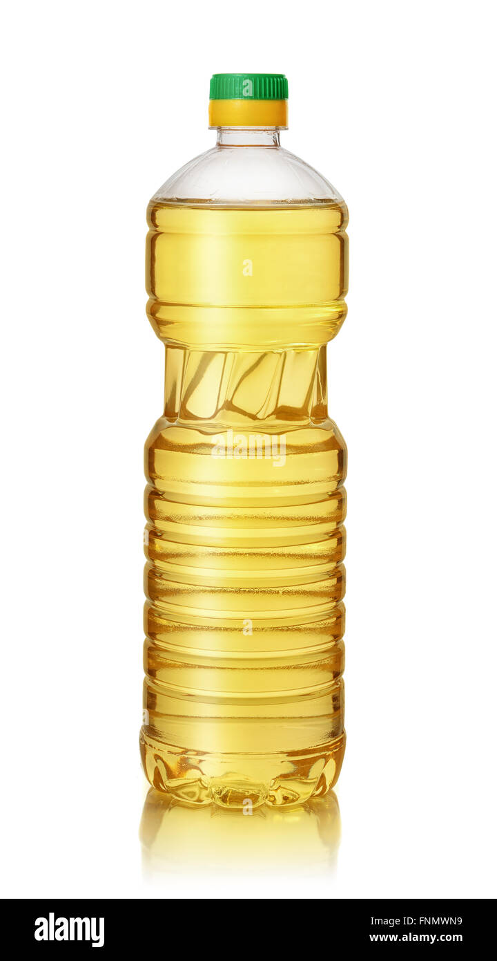 Plastic bottle of vegetable oil isolated on white Stock Photo