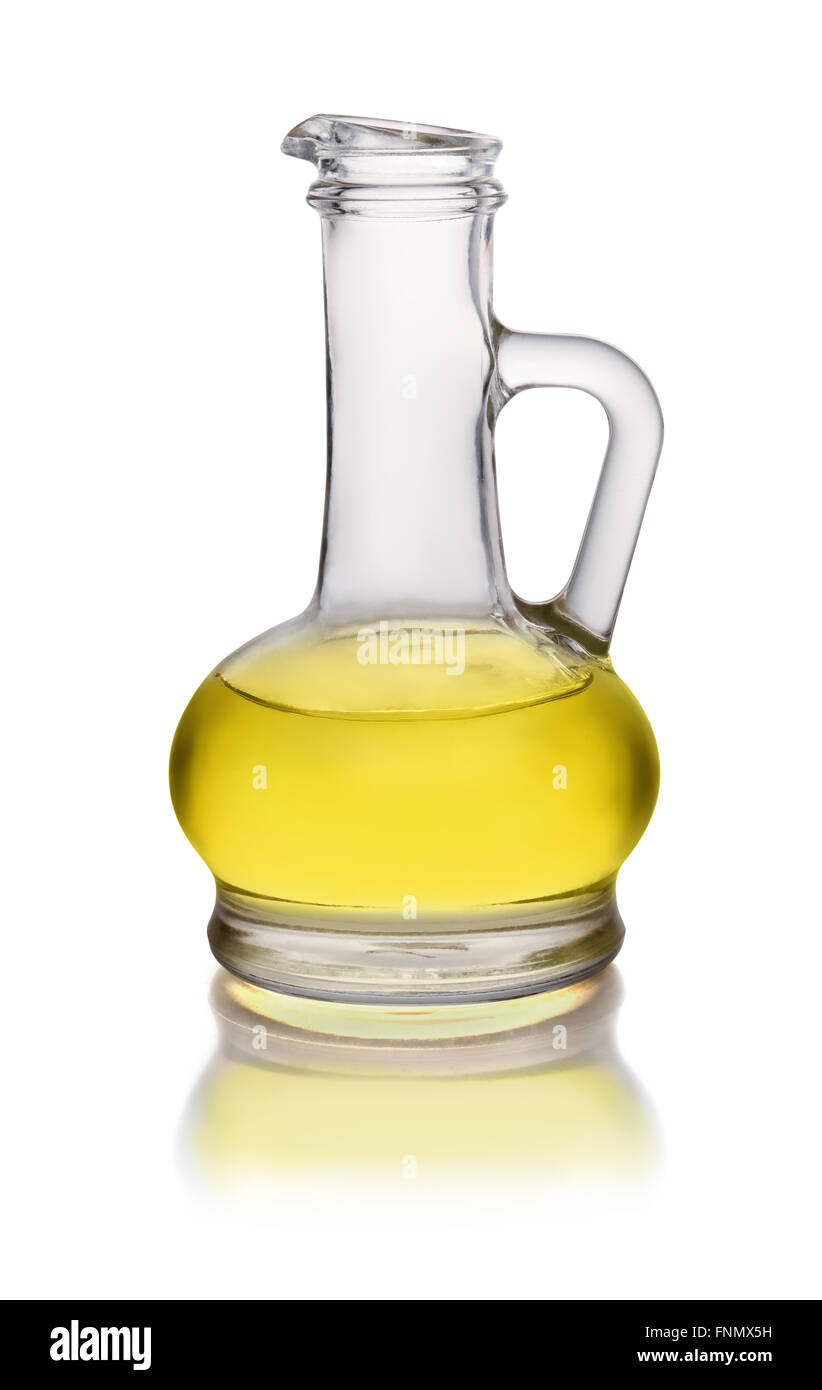 Glass cruet of olive oil isolated on white Stock Photo