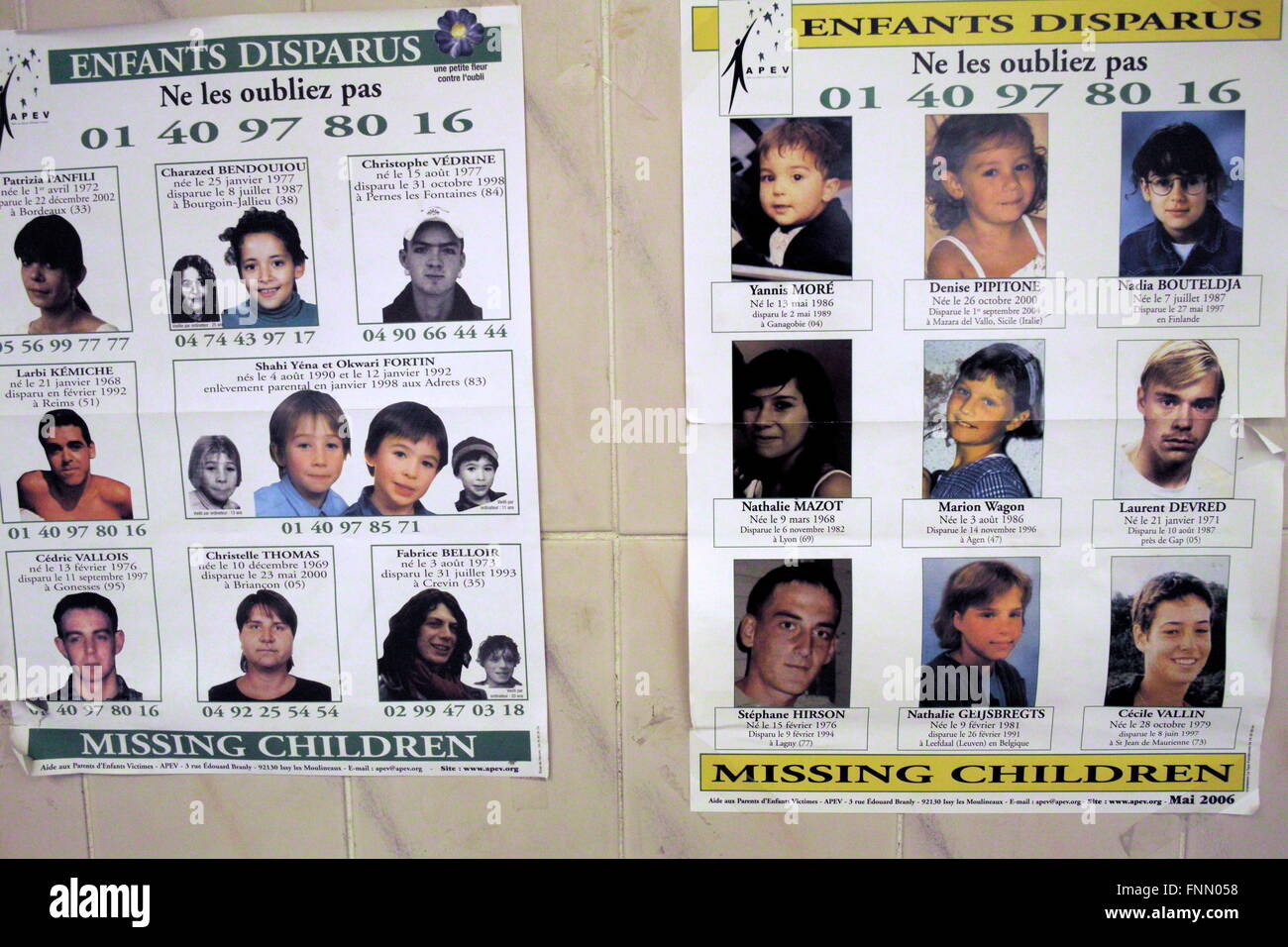 AJAXNETPHOTO. 2008. LOUVECIENNES, FRANCE. - ENFANTS DISPARU - POSTERS OF MISSING CHILDREN ON A WALL OF THE PUBLIC WAITING ROOM OF LOCAL TRAIN STATION.  PHOTO:JONATHAN EASTLAND/AJAX  REF:DP81604 271 Stock Photo