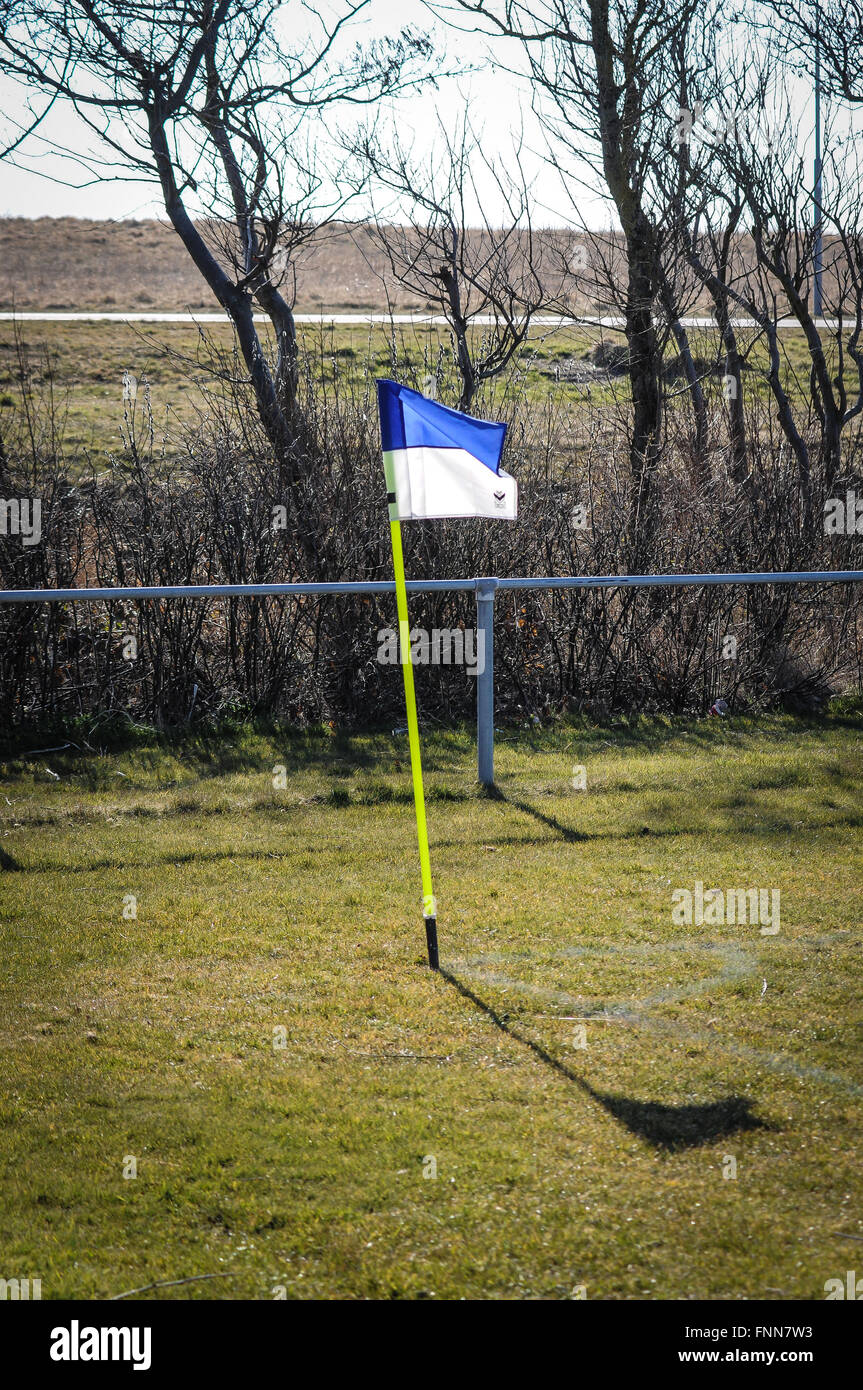 Blue and white corner flag on soccer field Stock Photo Alamy