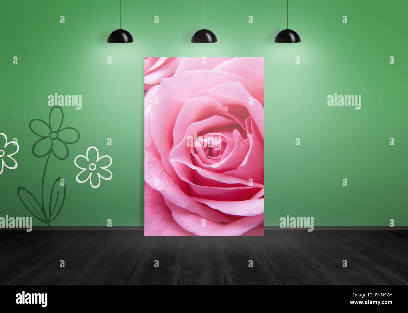 Flower on art canvas in gallery space. Green wall with flower wallpaper and black wooden floor. Stock Photo