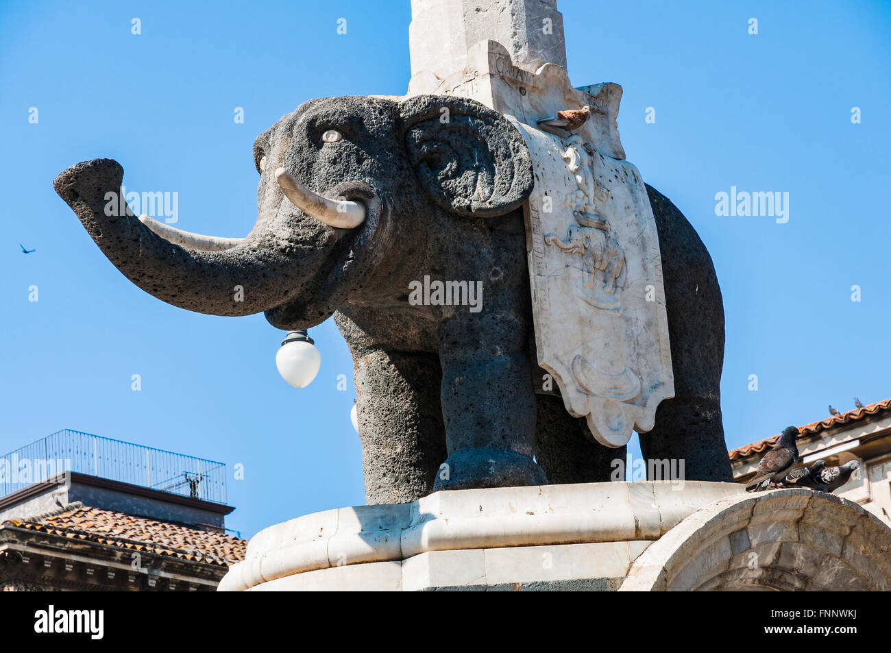 The iconic elephant made of lava in the middle of Piazza Duomo, the symbol of Catania. Stock Photo
