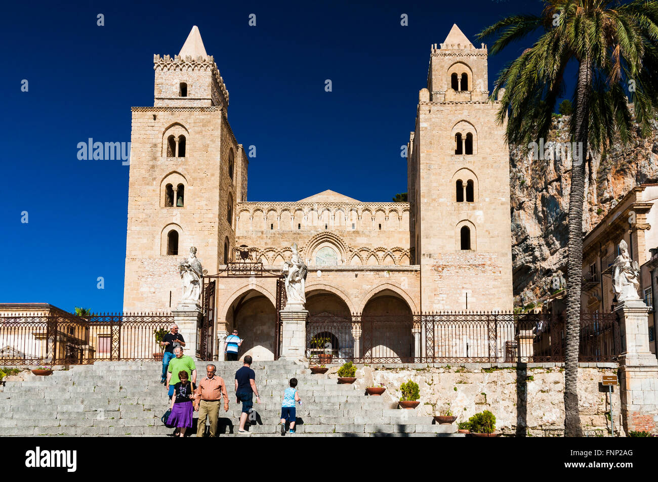 Square and Cathedral-Basilica of Cefalù, is a Roman Catholic church in Cefalù, Sicily, Italy. Stock Photo