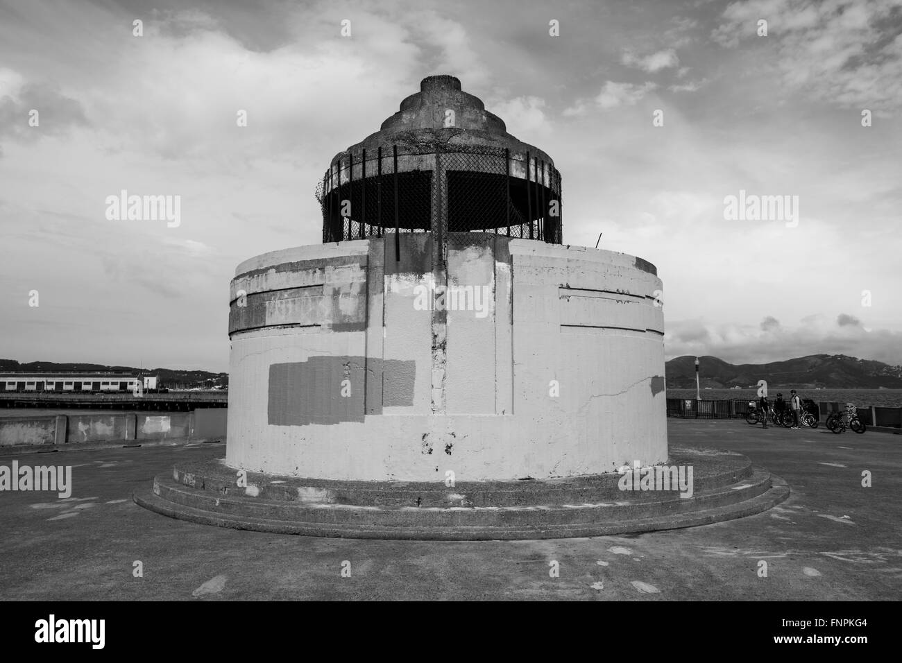 Black and white image of an abandoned structure on the Aquatic Park Pier In San Francisco Stock Photo