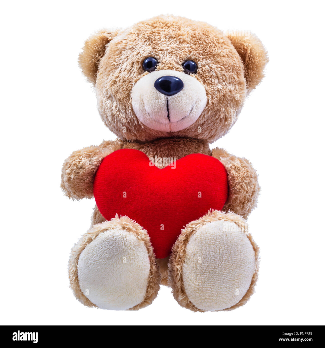 Teddy bear with Red heart-shaped pillow on isolate white background Stock Photo