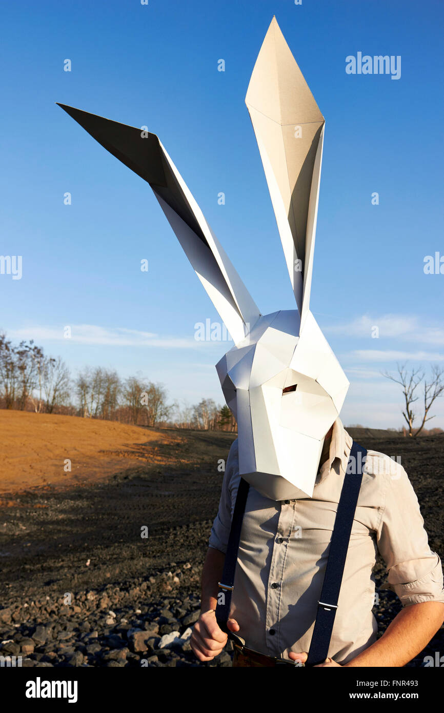 Geometric Red Rabbit Mask Easter rabbit in the geometric mask at spring rocks background Stock ...