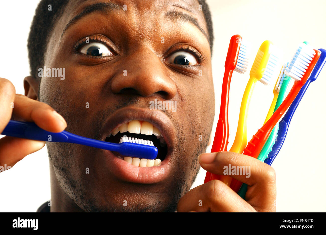 A young man brushes his teeth with one hand, whilst holding a number of toothbrushes in his other hand. Stock Photo