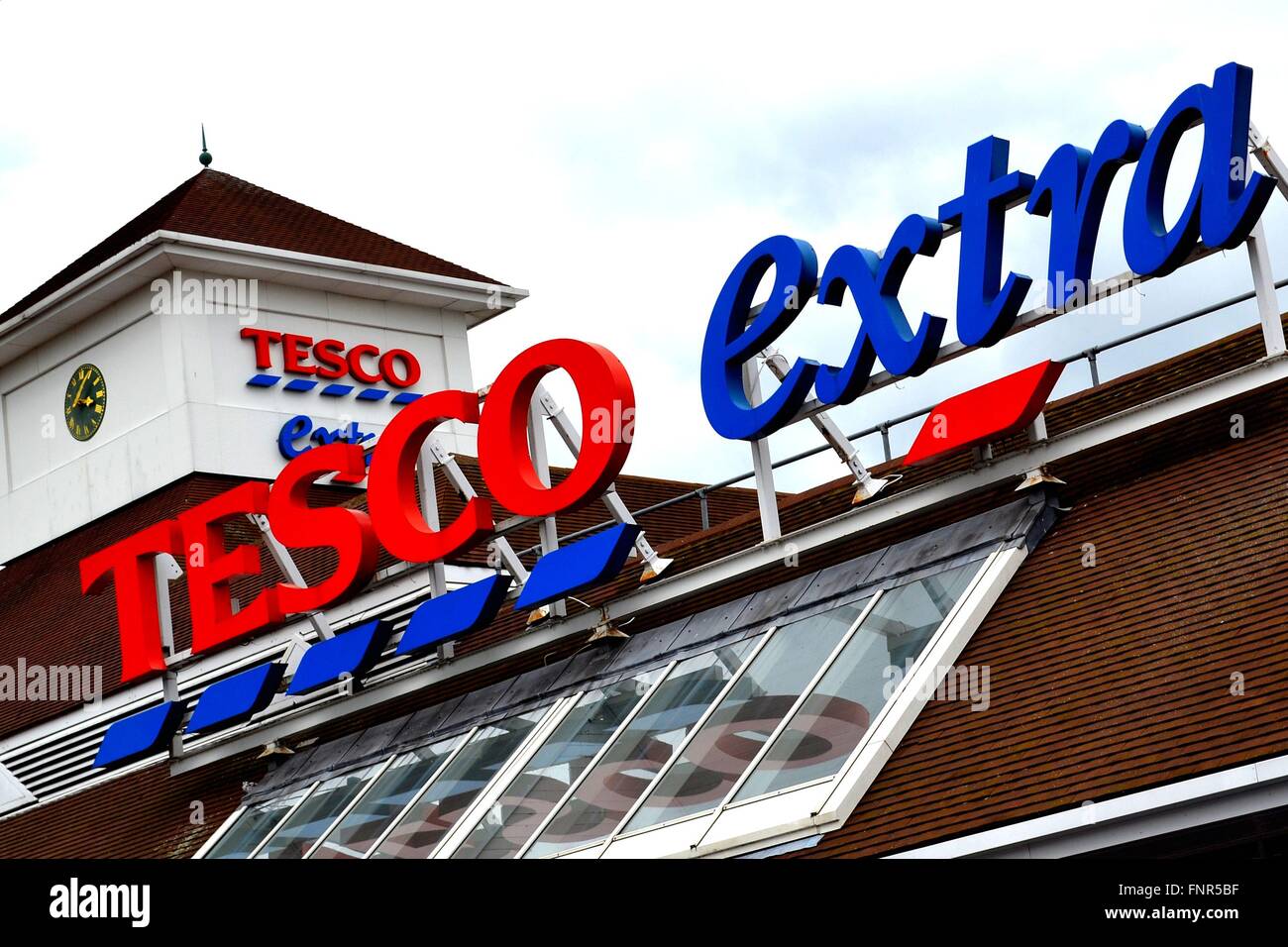 A close up image of the well known supermarket TESCO Extra Stock Photo