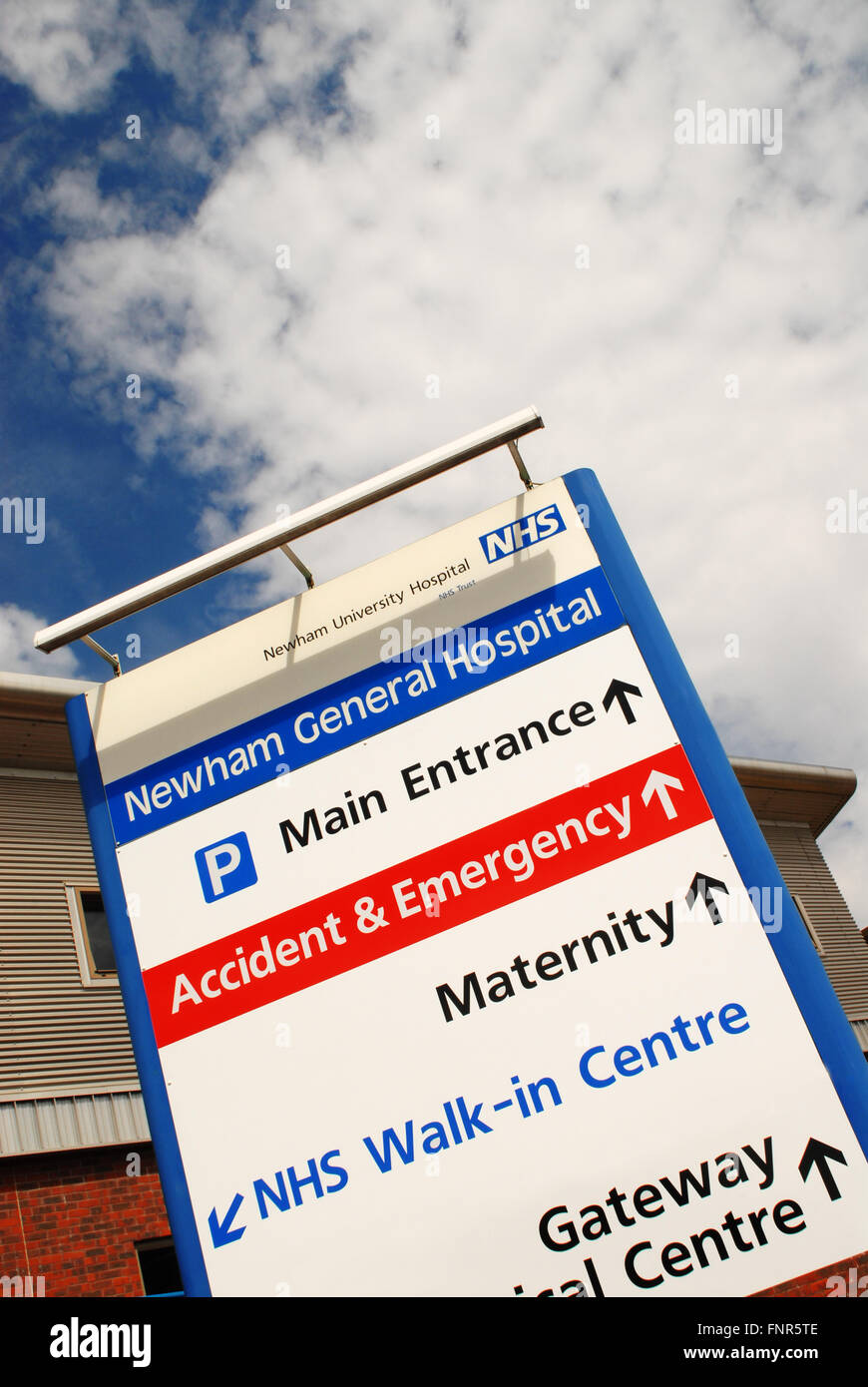 Main entrance to the NHS Newham University Hospital Plaistow England, which was opened  in 1983. Stock Photo