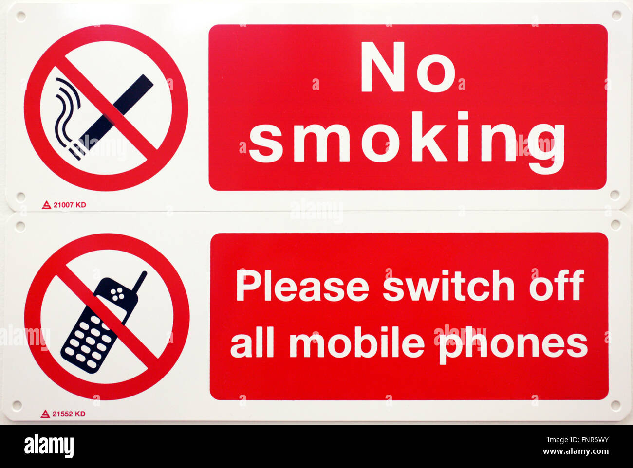 No smoking' sign and 'Please switch off all mobile phones' Stock Photo