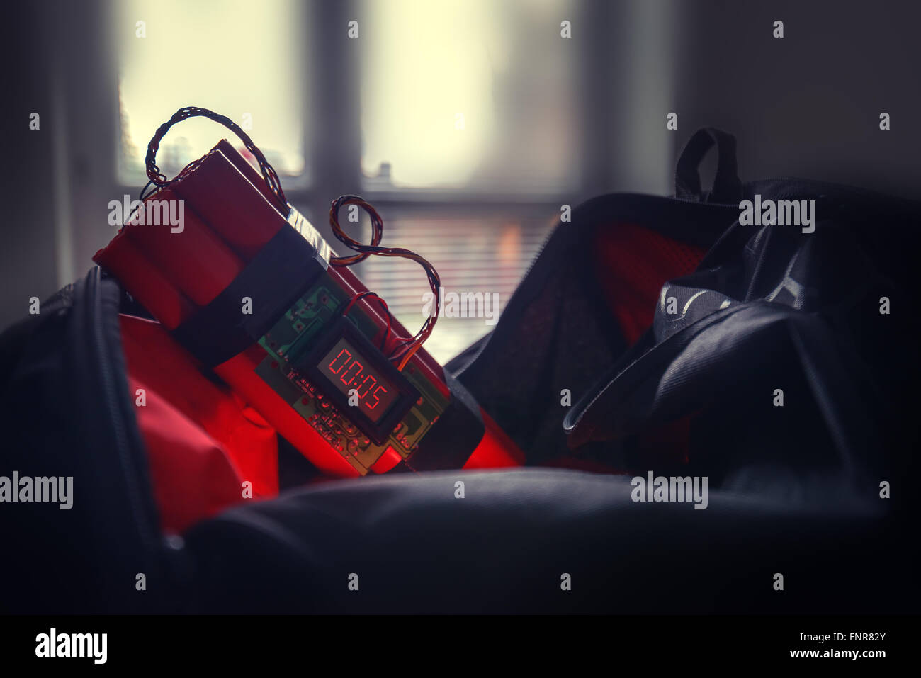 bomb and bag in airport Stock Photo